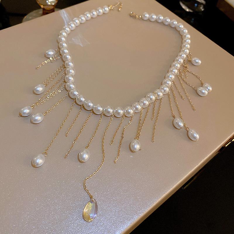 Retro water drop pearl fringed necklace accessories high sense fashion exquisite collarbone chain temperament necklace accessories