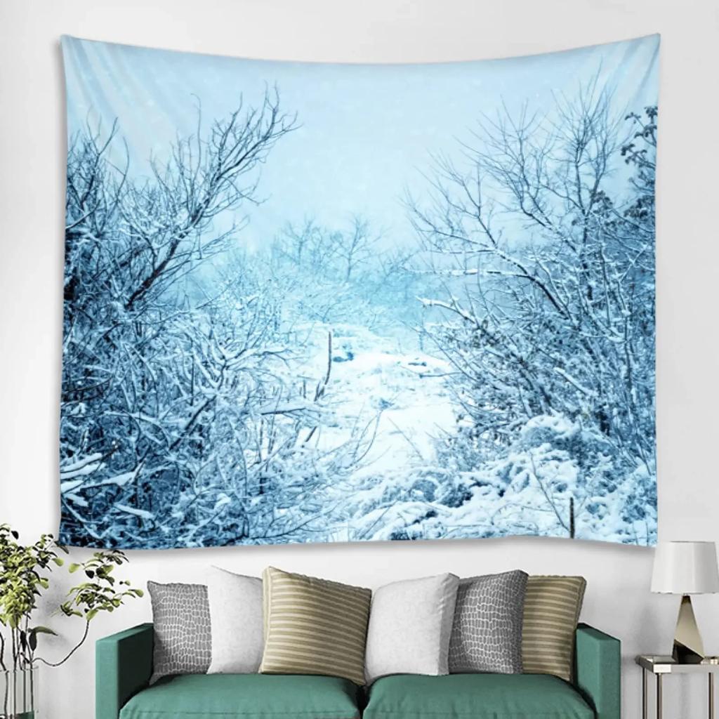 Winter Wandteppich Wald Verschneiter Kiefernbaum Wandteppich Sonnenaufgang Naturlandschaft Wandteppich Wandbehang Dekor für Schlafzimmer Wohnzimmer Studentenwohnheim