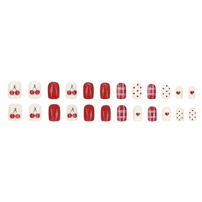 24Pcs Polka Dot Heart Check Cherry Short Square False Nails With Jelly Adhesive Detachable Full Cover Press On Artificial Nails