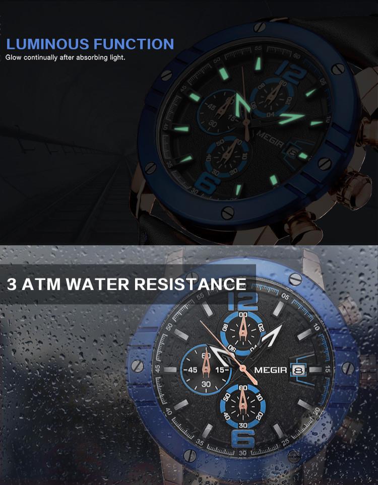 MEGIR Fashion Men's Quartz Watch Chronograph Luxury Business Casual Wristwatch Leather Strap Male Military Sports Watches 2046