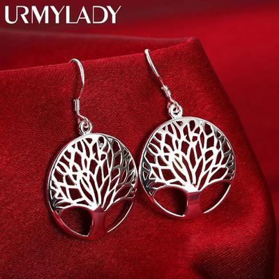 New 925 Sterling Silver Earrings for Women High Quality Jewelry Hollow Carved Round Tree Christmas