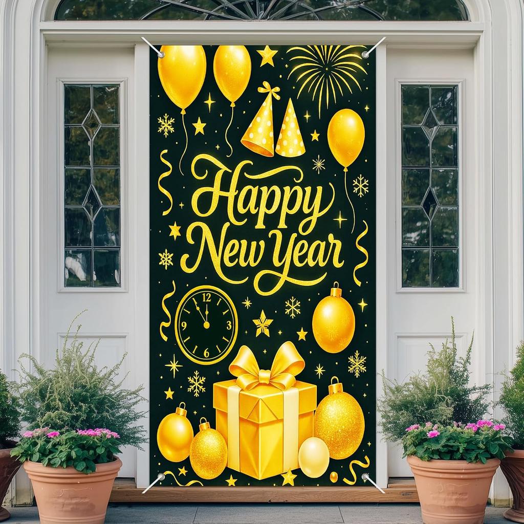 IVN 71x35 Inch Happy New Year 2026 Banner Door Cover New Years Eve Party Backdrop Black Gold Balloons Gift Box Polyester Fabric Front Door Porch
