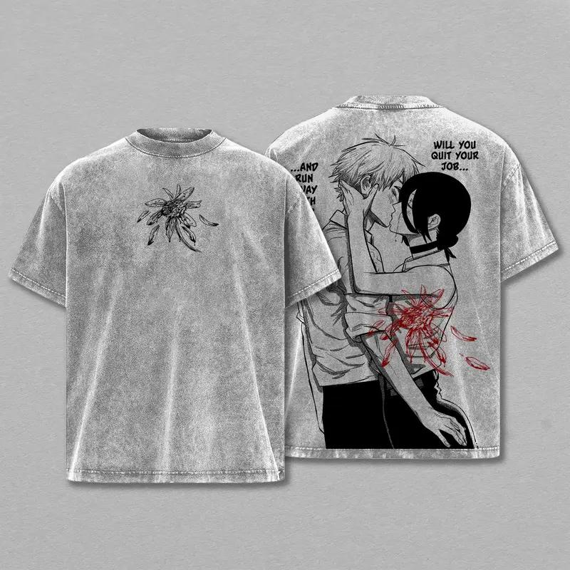 Anime Chainsaw Man Reze Denji Grafik T-Shirt Herren Damen Kleidung Lässiges Baumwoll-T-Shirt Vintage gewaschenes T-Shirt Harajuku Paar Top