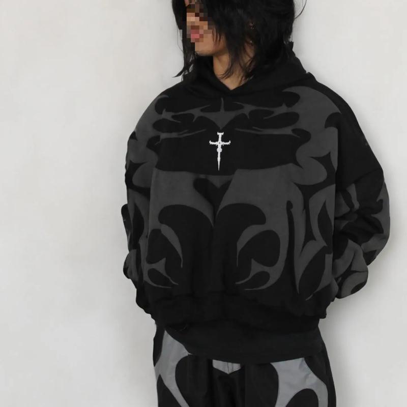 Y2K męska i damska bluza z kapturem hip-hop retro abstrakcyjny wzór nadrukowany harajuku gotycki