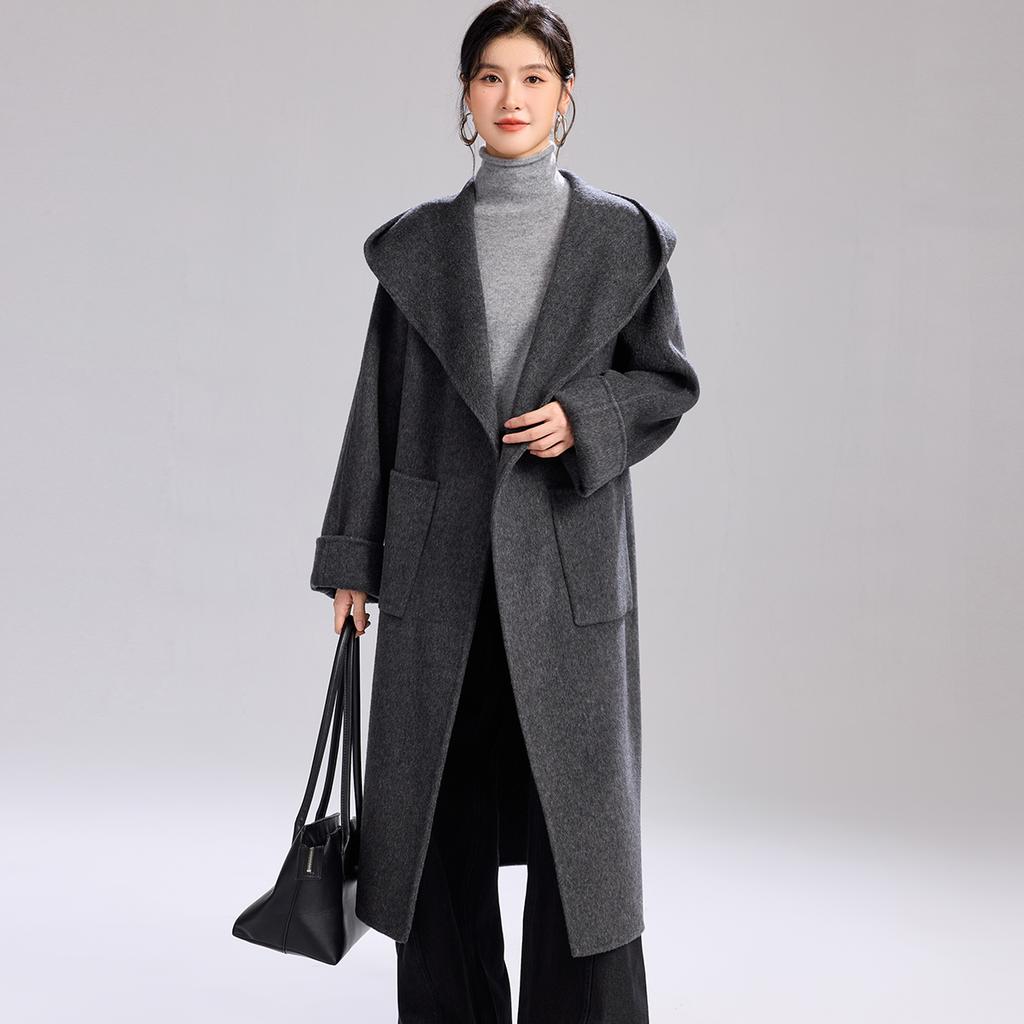 [Including Cashmere and Wool Coat] Autumn and Winter New Hooded Lace Up Lazy Style Warm Women's Long Coat