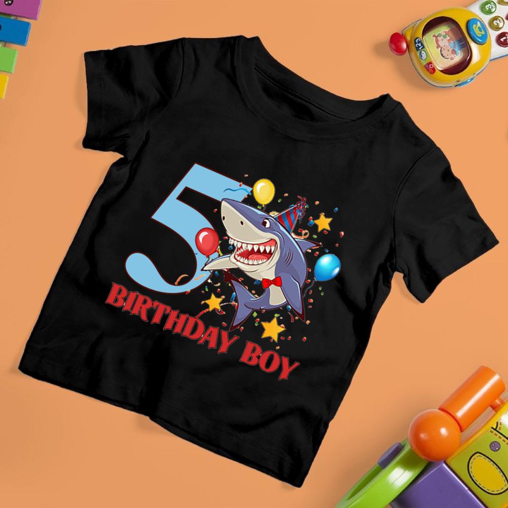 Shark Birthday Digital Funny Print Children's Short Sleeve T-shirt Suitable for Everyday Wear In Summer