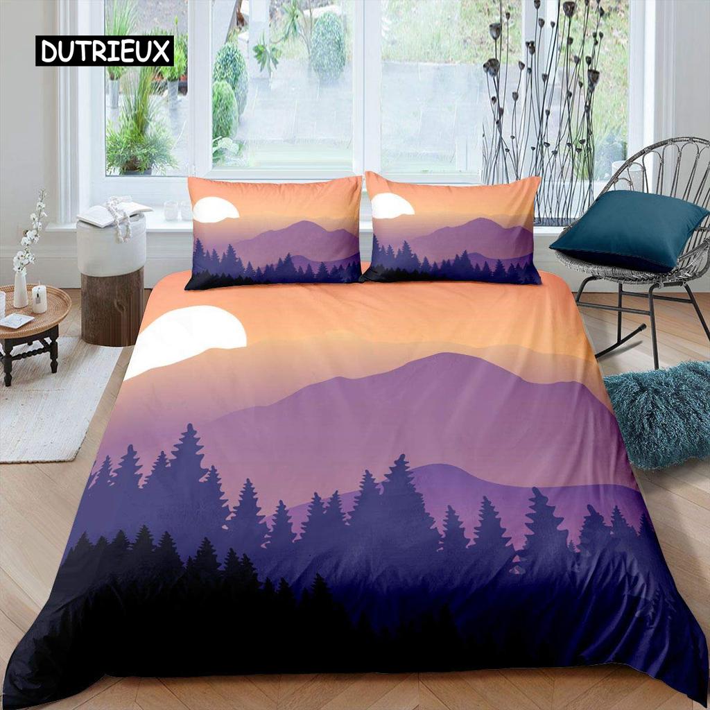 Smoky Mountain Duvet Cover Set Pine Trees Comforter Cover Boys Landscape Quilt Cover Natural Scenery Art Polyester Bedding Set