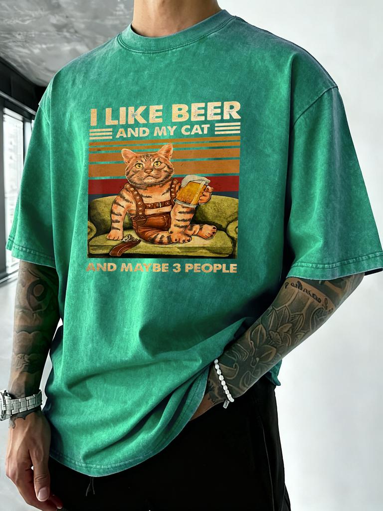I Like Beer And My Cat Print Washed Tee Shirt Mens Trendy Cotton Sportswear Crewneck Casual T Shirts Loose Breathable Clothing