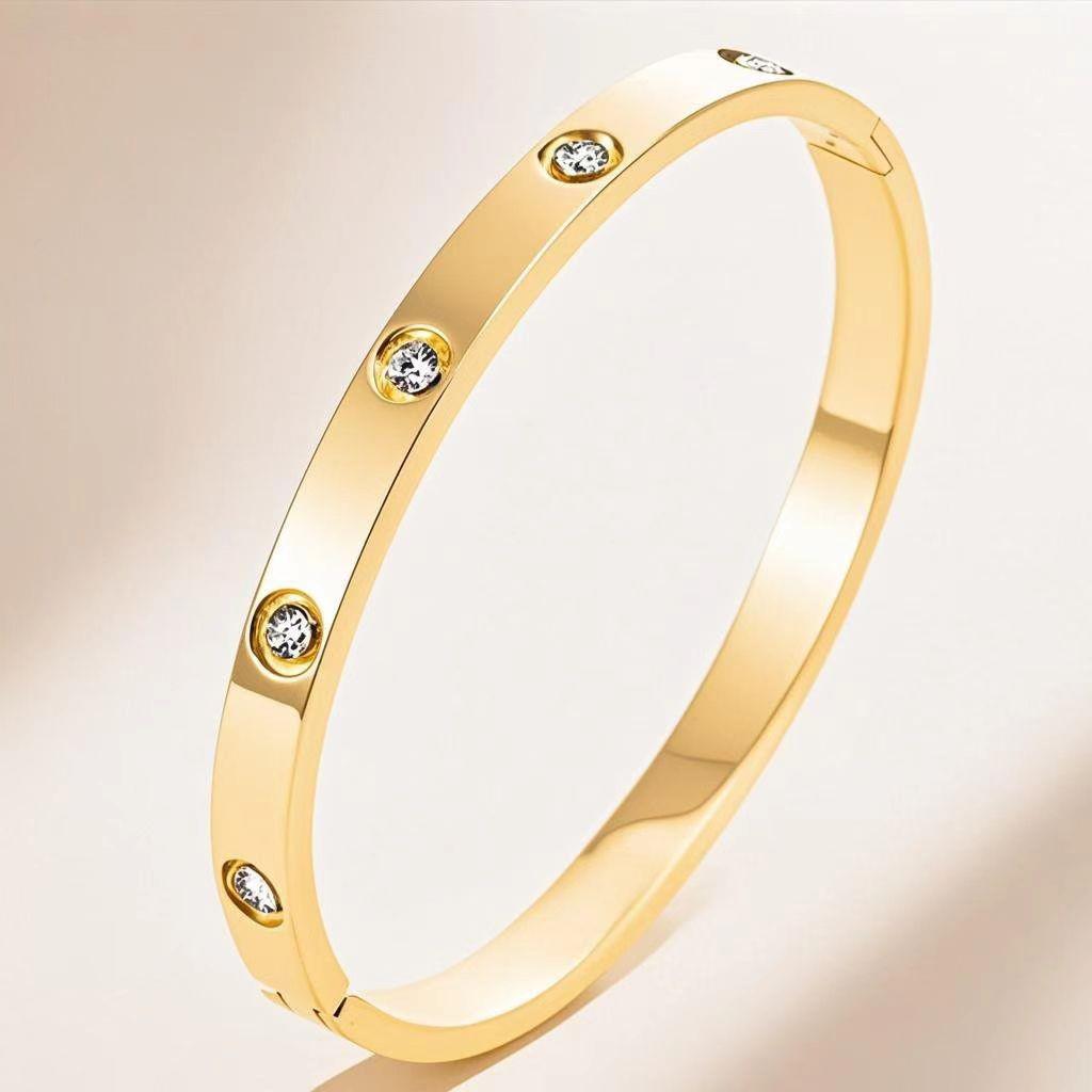 Elegant Roman Numeral Intertwined Titanium Steel Bracelet for Women - Diamond Inlaid, Double Layer, Colorfast Jewelry