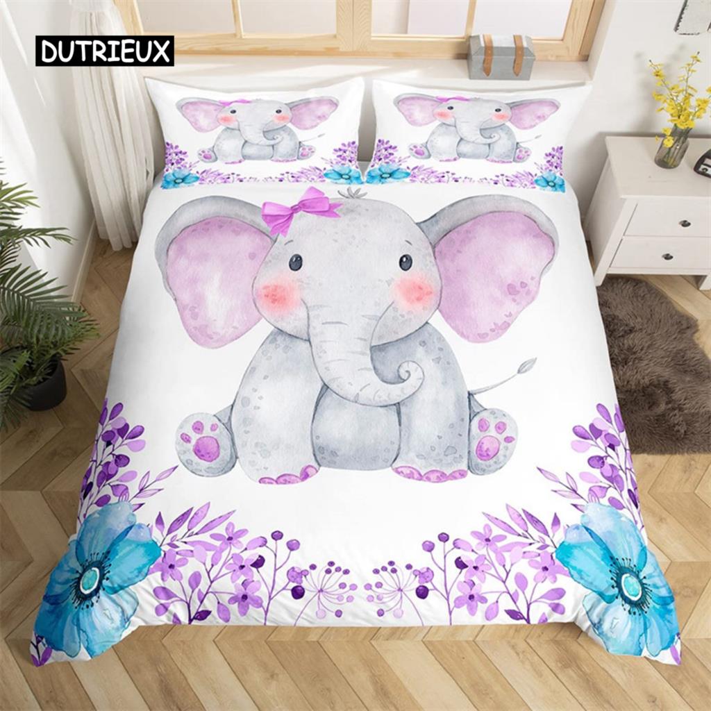 Cute Elephant Duvet Cover Set 2/3 Piece Cartoon Animal Bedding Set 3D Floral Comforter Cover Twin Full King For Boys Girls Gift