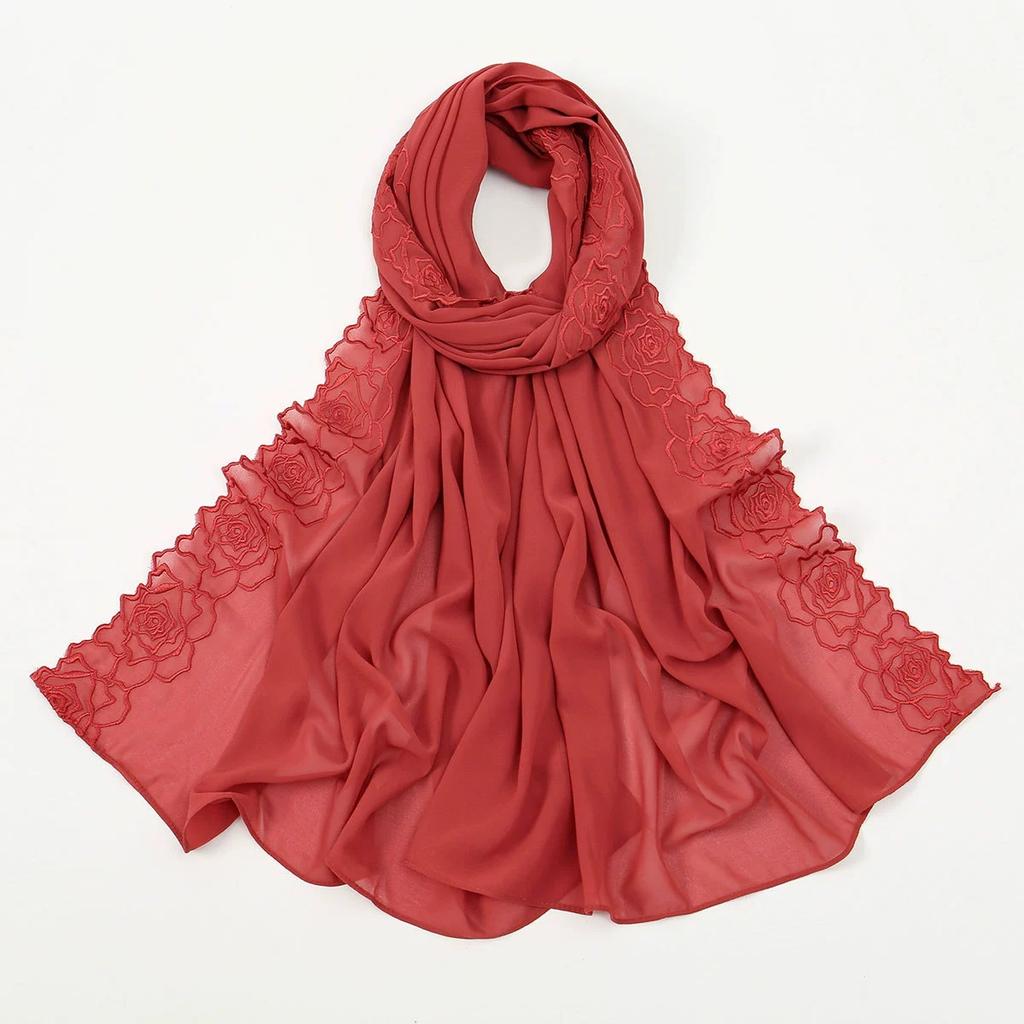 Malaysia Indonesian Embroidered Chiffon Headscarf Shawl Turban Head Wraps High-Quality Breathable Ladies' Scarf 75*180cm
