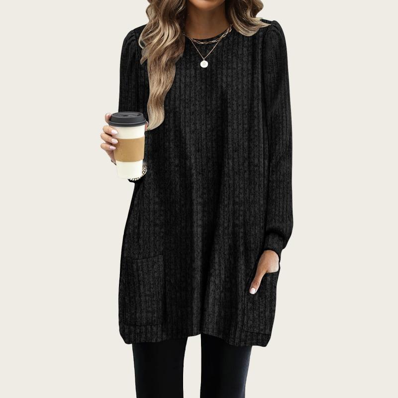 Fashion Women Knit Long T-shirts Women Loose Fit Long Sleeve Pockets Pullover Sweater Casual Autumn Winter Solid Color Chunky Knit Top