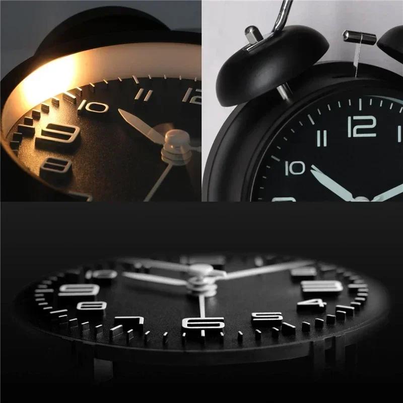 4-calowy podwójny dzwonek głośny budzik metalowa rama 3D tarcza z podświetleniem bateria zasilana biurkowy budzik stołowy do domu i biura