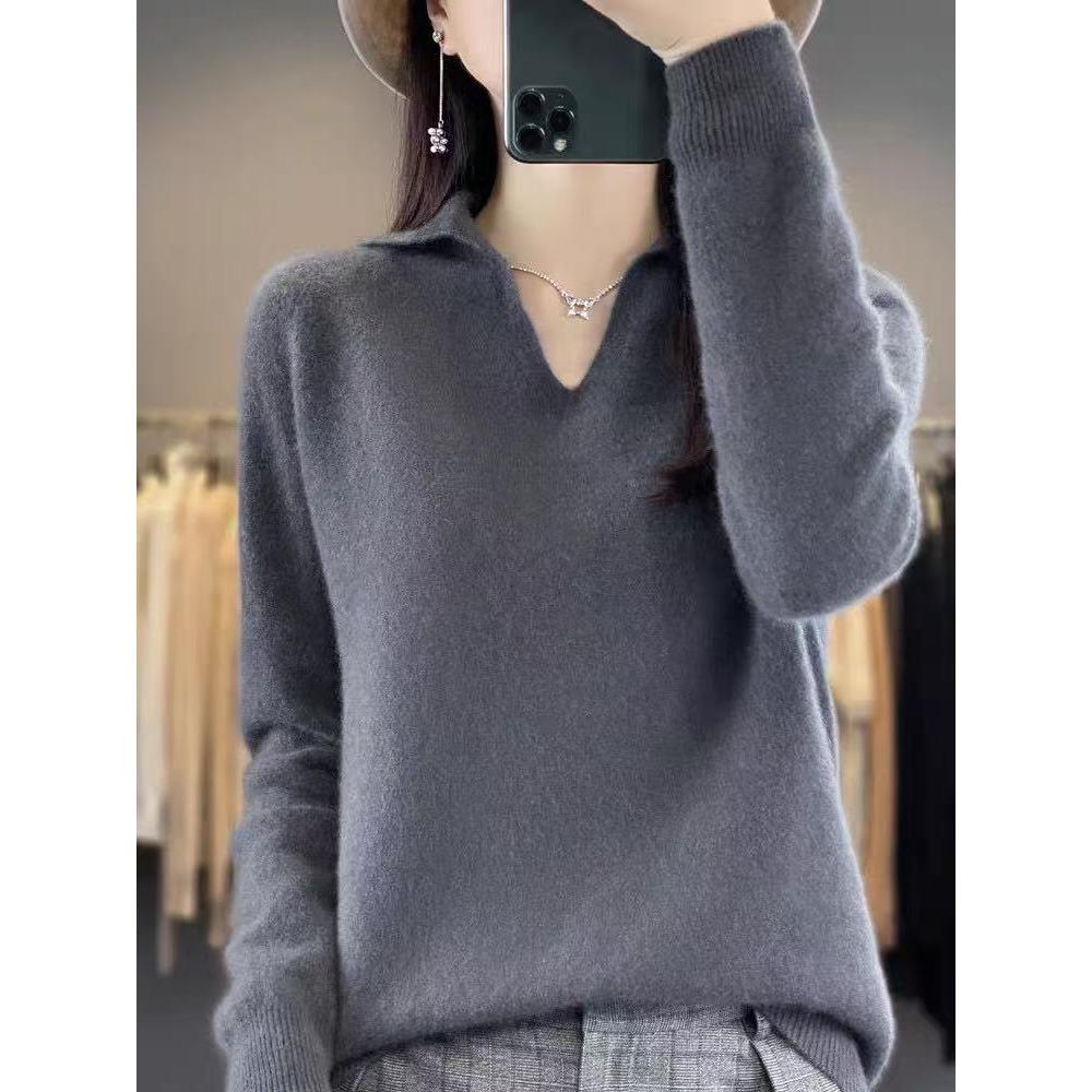 Autumn and Winter POLO Small V-neck Long-sleeved Loose Knitted Base Layer Sweater for Women