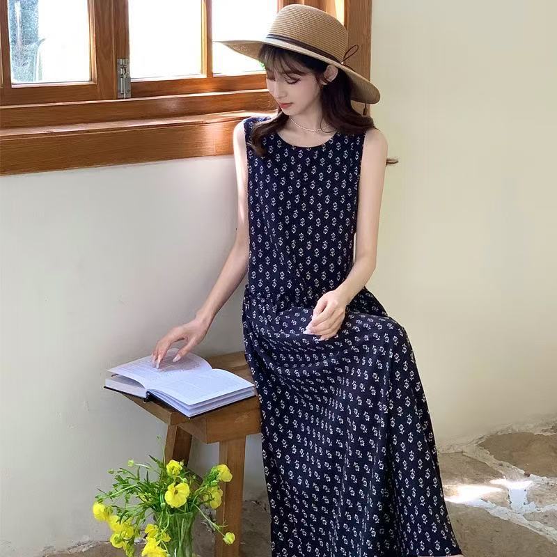 Yan Guiliang summer new sleeveless cotton and silk dress commuter floral dress loose and thin holiday beach dress women
