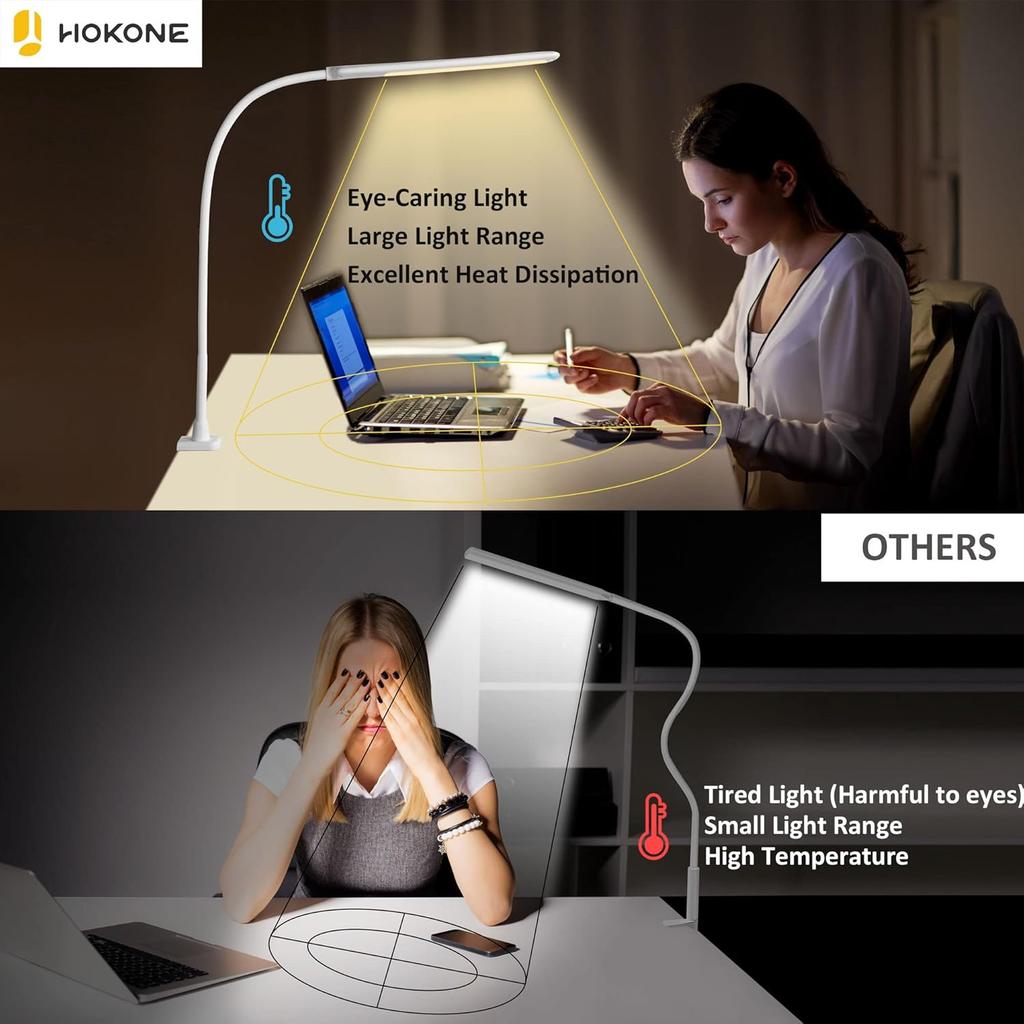 LED Desk Lamp with Clamp,Flexible Gooseneck Clamp Lamp,Dimmable,Touch Control 3 Color Modes,Eye-Care Table Light with Adjustable Arm,Architect Lamp