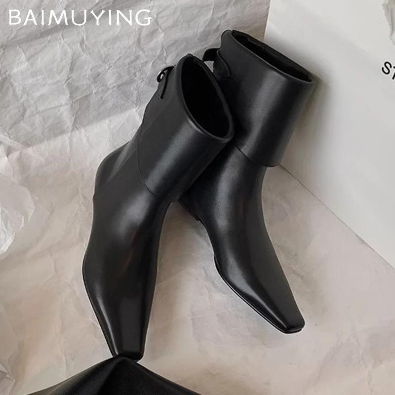 Flats Women Ankle Boots Square Toe Fashion Sexy Leather New Shoes 2025 Trend Designer Classic Buckle Goth Winter Botas De Mujer