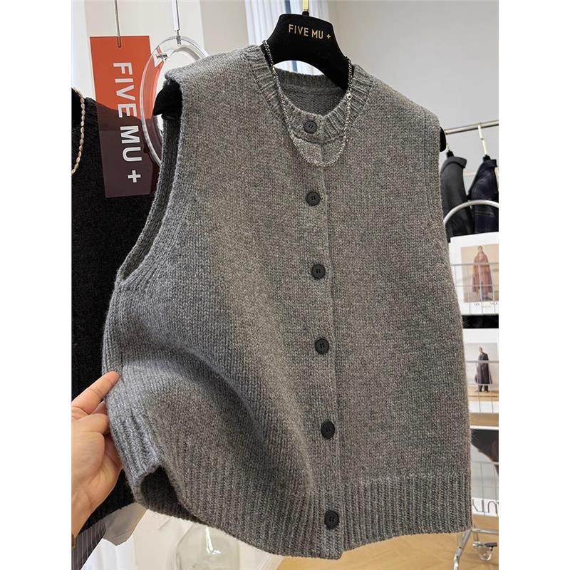 Women's Dark Grey European Style Sleeveless Sweater Vest - Autumn/Winter Knit Cardigan with Round Neck