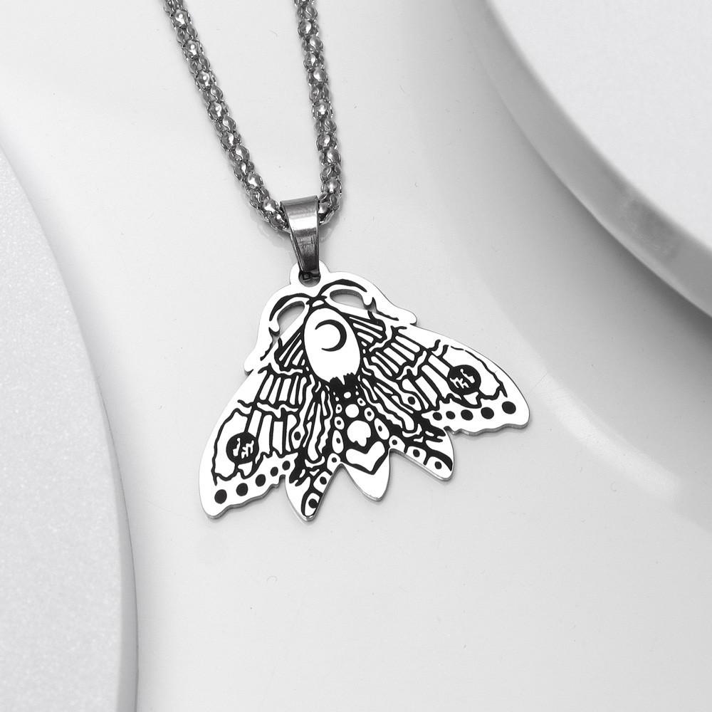 Fashion Witchy Moon Moth Necklace Chain Women Silver Titanium Steel Pendant Jewelry