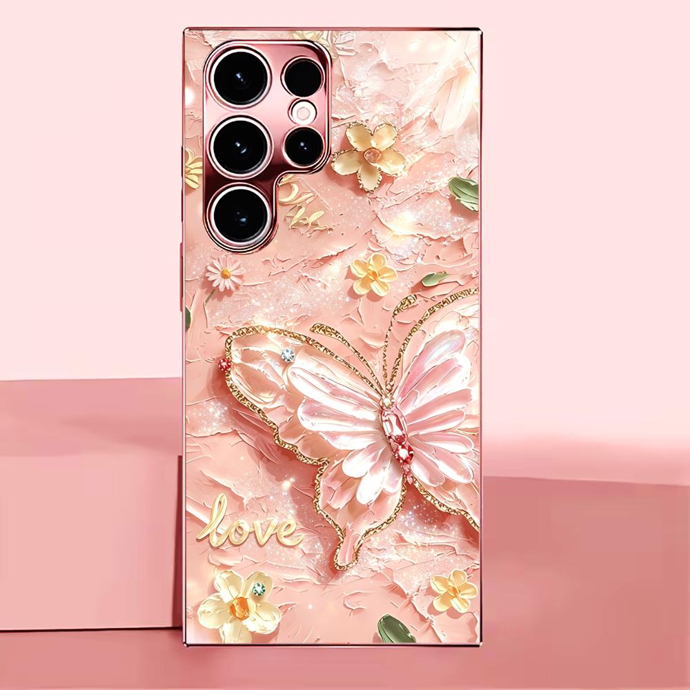Pink Glitter Butterfly Fashion phone case s26 ultra case quad lock glass for Samsung Galaxy S26 S25 S24 S23 S22 FE Ultra Pl