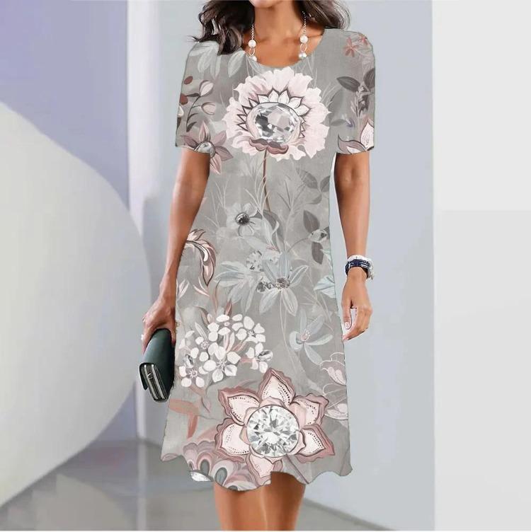 2024 Ny Sommer Blomstermønstret Elegant Kjole Kvinner O-Hals Kort Erme Casual Løs Komfortabel Vintage Lang Damekjole