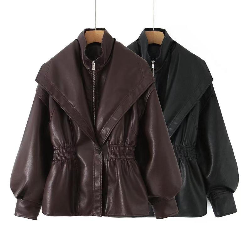 New British Style Elastic Waist Leather Jacket for Women