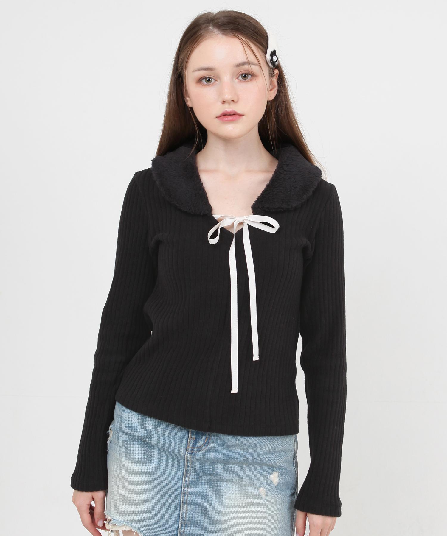Kathrin Fur Collar Knit T-Shirt (Black) Black