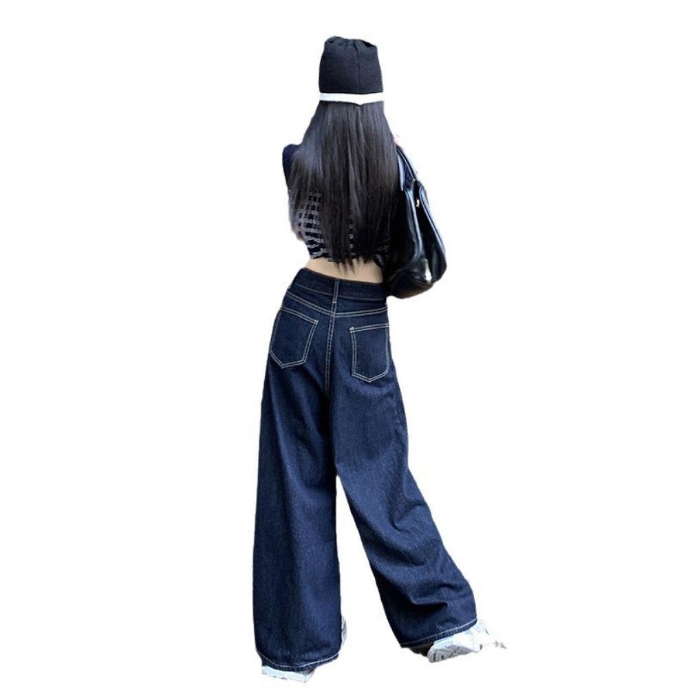 Pendler Straße Drapierung weite Hosen Damen Herbst Hongkong-Stil Retro gewaschen High-Waist gerade geschnittene Bodenlange Hosen
