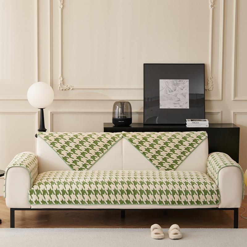 New Thousand Bird Grid Sofa Cushion Winter Thickened Warm Plush Seat Mat High End Fashionable Non Slip Dust Proof Couch Cover