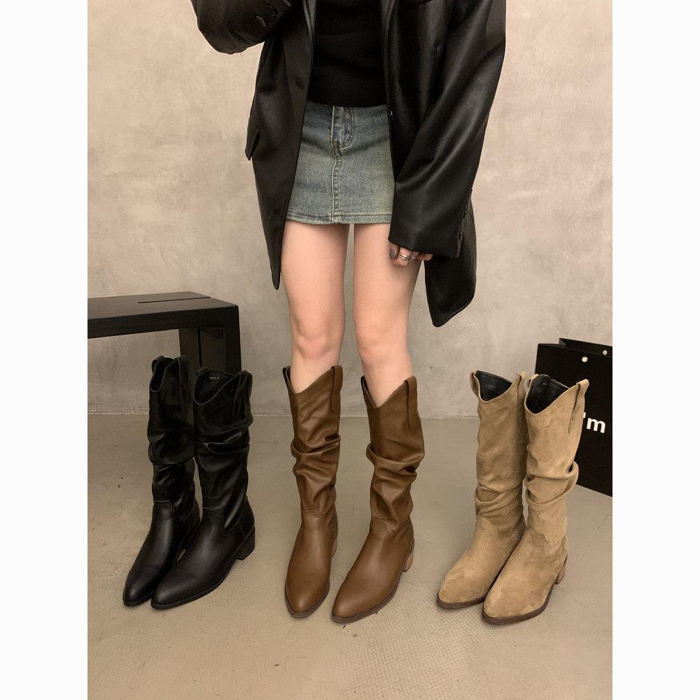 New khaki heightened and slim pleated stacked long knight boots velvet winter Martin boots