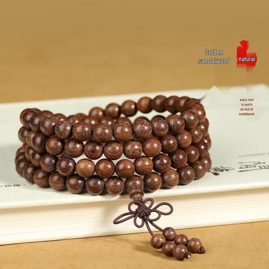 Golden Sandalwood Buddhist Prayer Bracelet: 108 Green Sandalwood Beads