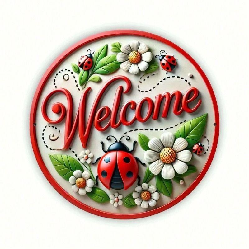 Vintage Ladybug Floral Wreath Metal Wall Art, Round Poster for Living Room