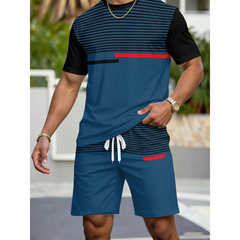 Men's Sports Short Sleeve Top Shorts Set Plus Size Breathable Basketball Sports Clothing Stripe Print T-shirt Shorts 2-piece Set