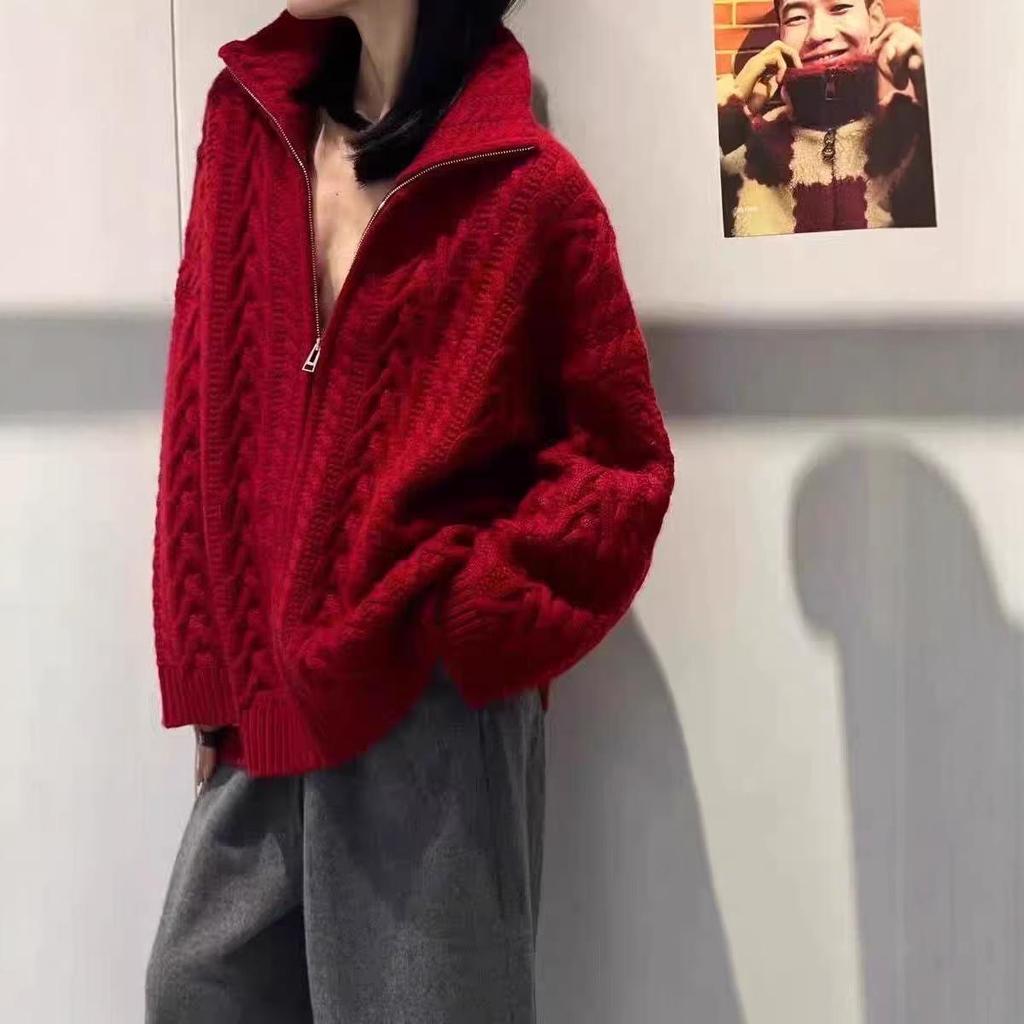 Women's Fall/Winter Cable Knit Zipper Cardigan - Lazy Style Fashion with Lapel