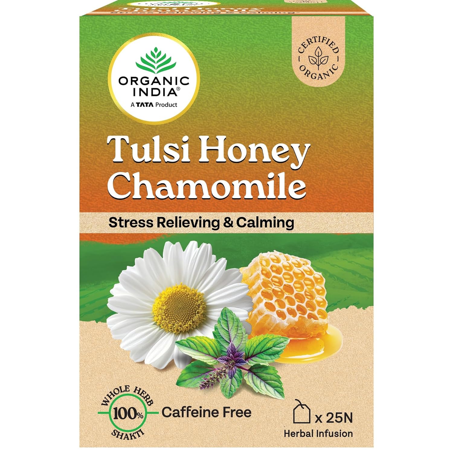 Organic India Tulsi Honey Chamomile Infusion 25 Tea Bags, Certified Organic, Relaxing and Calming Beverage