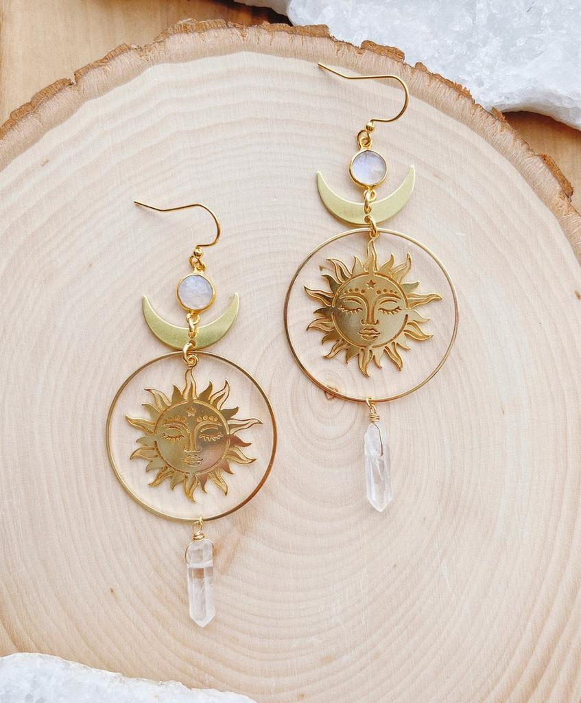 Bohemian Gold Sun Earrings With Gemstone Design For Women Summer