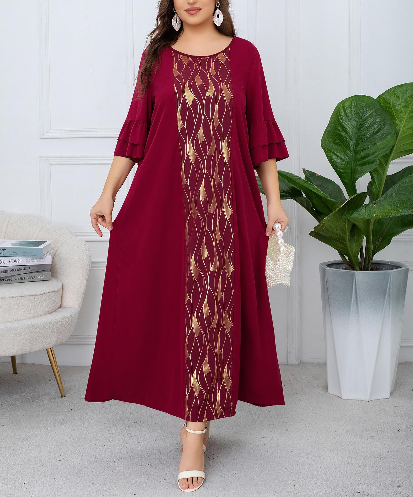 

Elegant Plus Size Patchwork Flare Sleeve Dress for Spring & Autumn 3XL вина червоного кольору