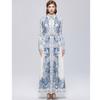 Vintage Print Single-Breasted Fitted Maxi Dress for Women Spring Autumn Turn Down Collar Lantern Sleeve Elegant Evening Dress Robes Femme