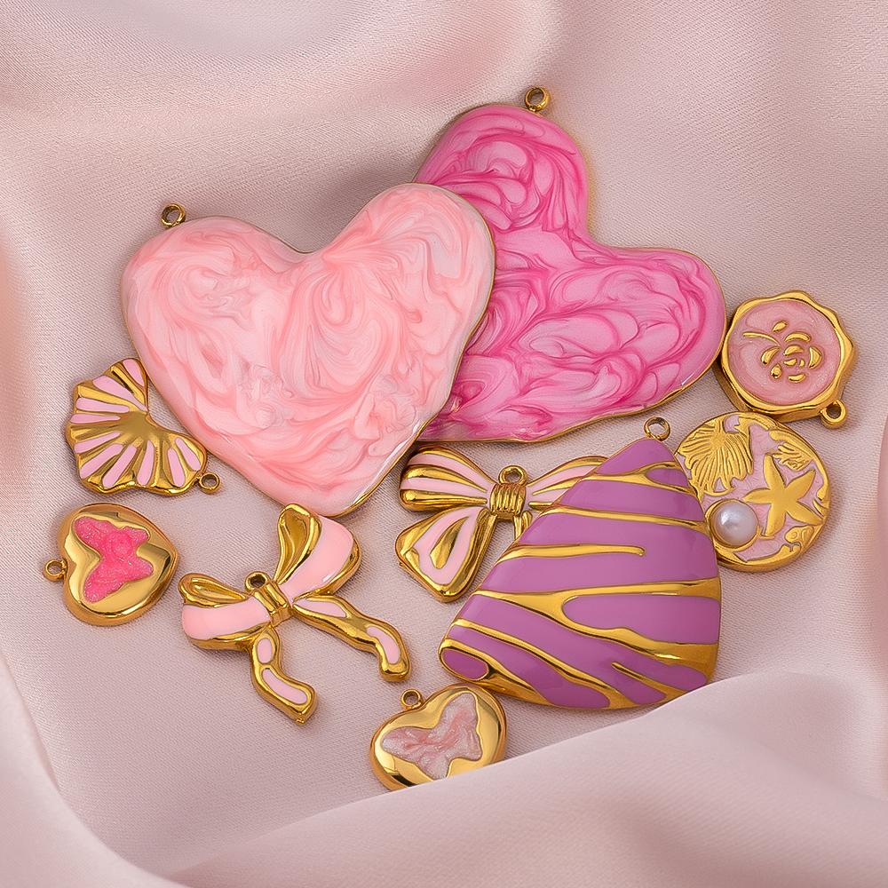 2P Stainless Steel Pendant Series Pink Pendant Multiple Choice Earring Components DIY Necklace Jewelry Accessories