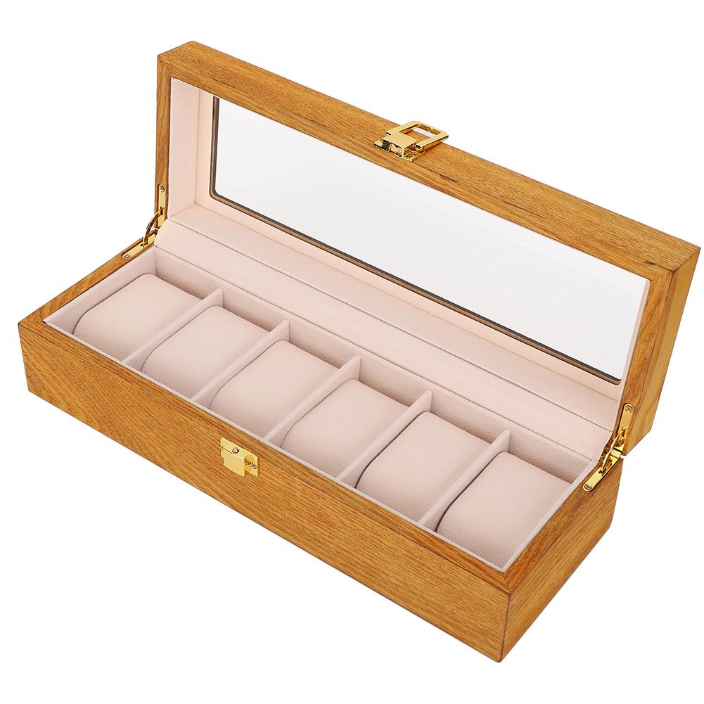 Wooden 6 Grid Watch Display Box Transparent Window Watch Storage Box Case