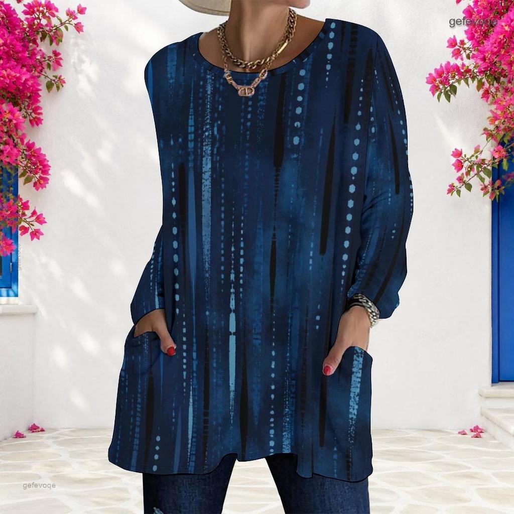 Women Plus Size Beige Brown Yellow Tie Dye Printed Round Neck Long Sleeve Loose T Shirt With Pockets