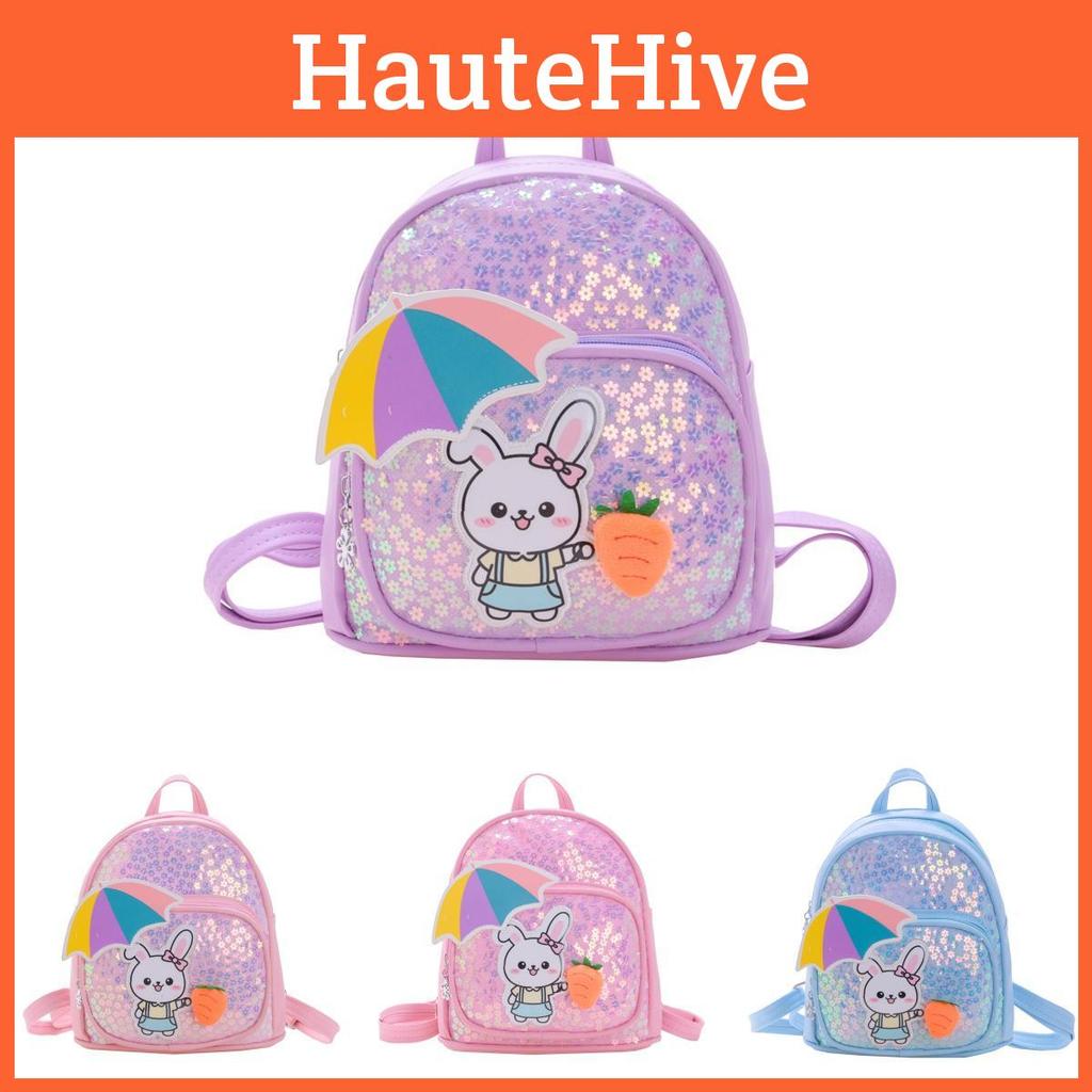 Girl Boy Cartoon Kids Backpack With Shiny Sequin Rabbit Decor For Educational Use