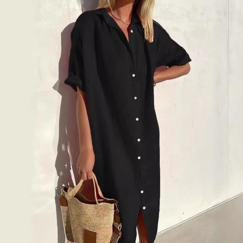 Abito Chemise Midi in Lino da Donna Bottoni Frontali Completi Tasche Laterali Spacco Laterale Oversize Ampia Tunica Traspirante Elegante Copricostume da Spiaggia Vestito Estivo