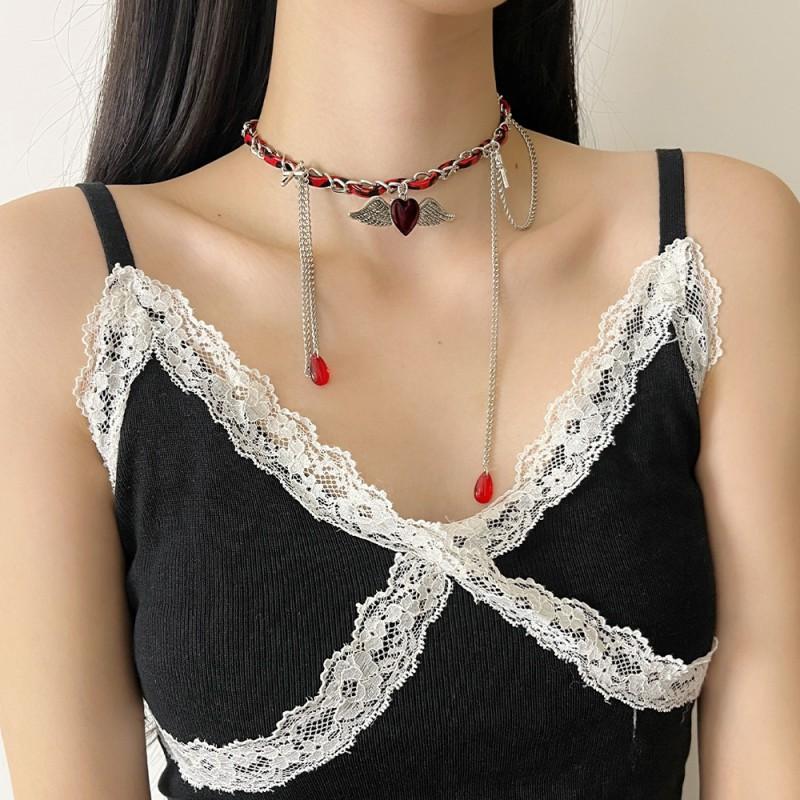 Gothic Punk Red Heart Wing Choker Necklace Women Alloy Chain Minimalist Statement Collar Jewelry Heart Wing Choker Necklace 2025-240