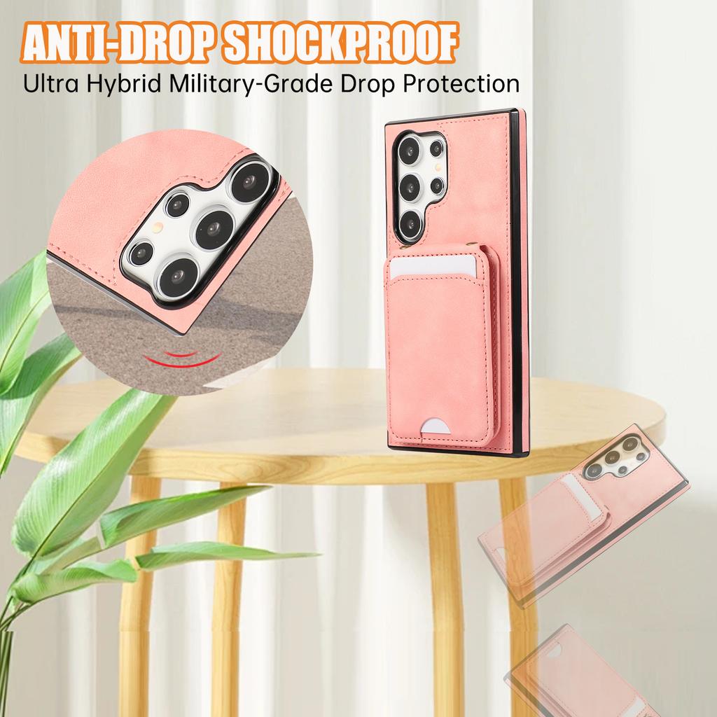 For Samsung Galaxy S25 Ultra Case Card Holder Kickstand Leather + TPU Phone Cover with Shoulder Strap