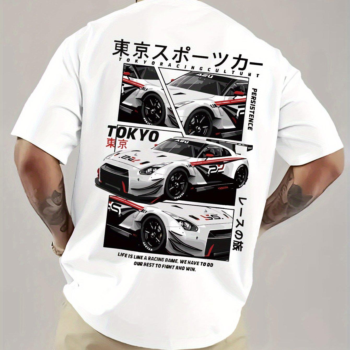 

Men s Tokyo Racing Graphic T-Shirt Relaxed Fit Casual Short Sleeve Tee with Japanese Text Car Design Breathable Summer Shirt S