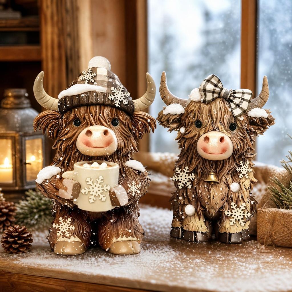 Kuh-Weihnachtsdekoration Set mit 2 Stück, Vintage Schottenkuh-Figuren im Karomuster mit Schneeflocke und Heiß für Tischplatte Eingangsbereich