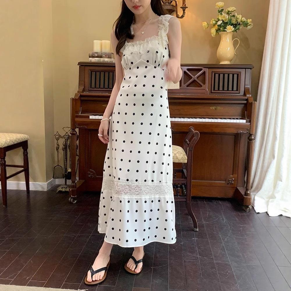 Halter polka dot dress lace lace splicing women's summer new design sense thin lace-up vest long dress tide
