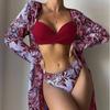 Floral Twist Low Waist Bikini Set Cover Up Swimsuit For Women Push Up Long Sleeve Three Pieces Swimwear 2023 Beach Bathing Suits