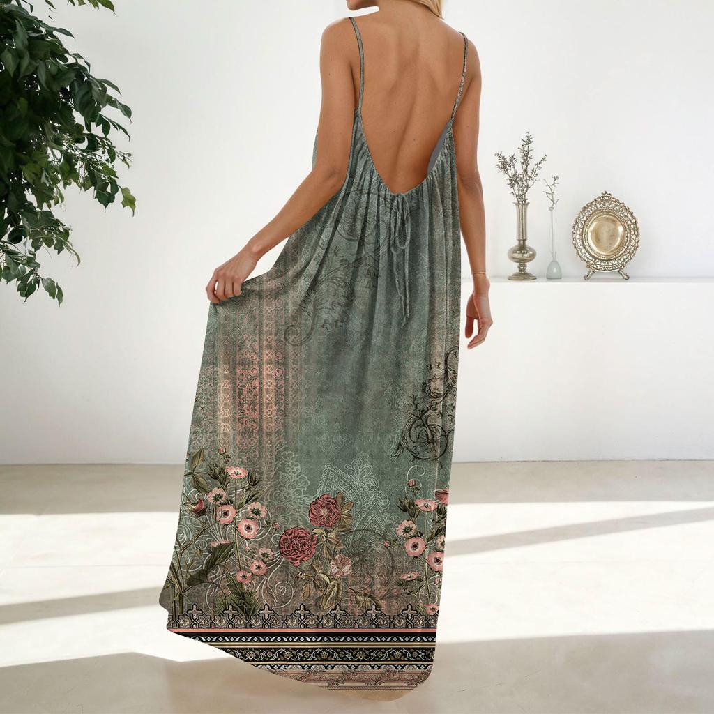 Women's Fashion Backless Spaghetti Strap Casual Loose Floral Print Dress